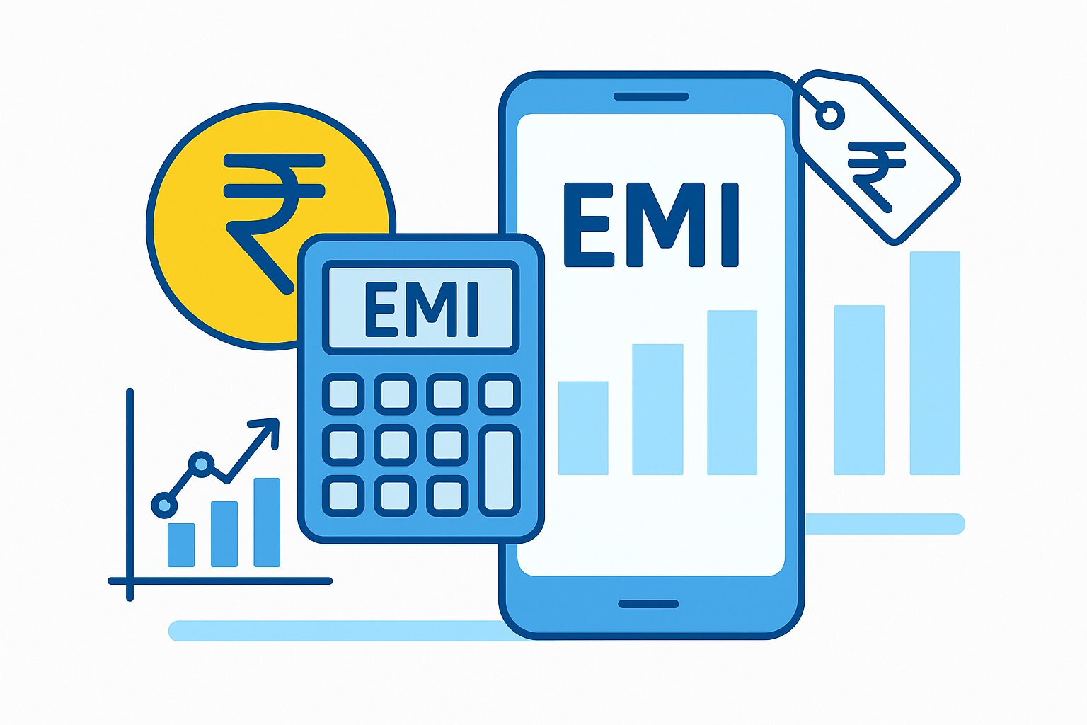 Loan EMI calculation illustration with calculator and rupee symbol