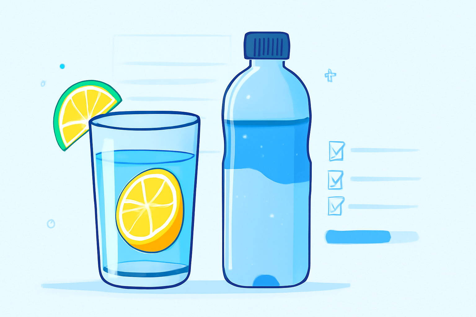 Daily water intake illustration showing glass of water, water bottle, and hydration tracker chart