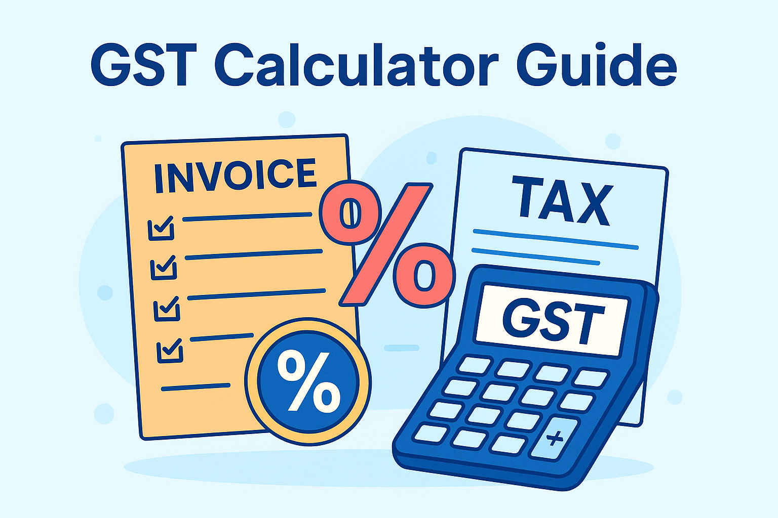 bright illustration with invoice, % sign, tax document, calculator