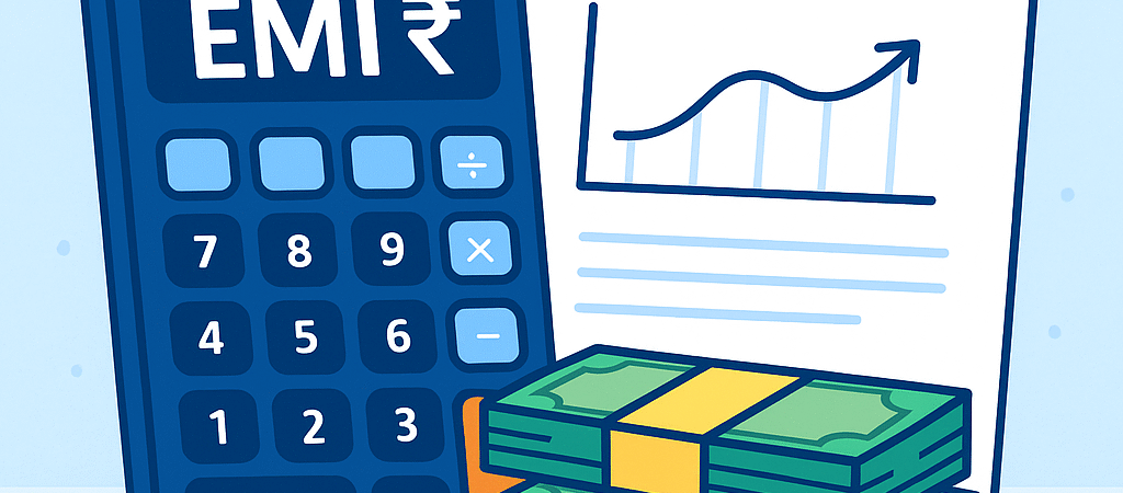 Illustration of EMI calculation with calculator, loan documents, and money