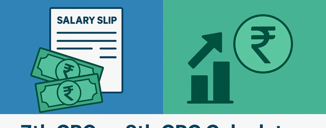 Comparison of 7th CPC vs 8th CPC salary calculator with salary slip illustration