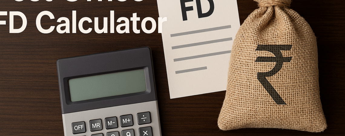 A hyper-realistic image showing a calculator, money bag with Indian rupee symbol, and an FD document on a wooden desk — representing Post Office FD calculator for interest and maturity calculation.