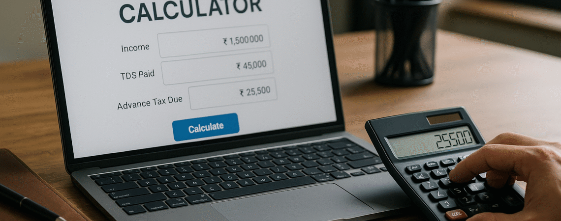 Hyper realistic office desk with laptop and tax documents representing Advance Tax Calculator for 2025