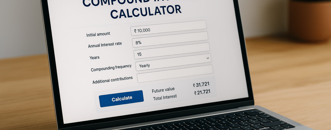 Realistic image of a laptop displaying a compound interest calculator on screen