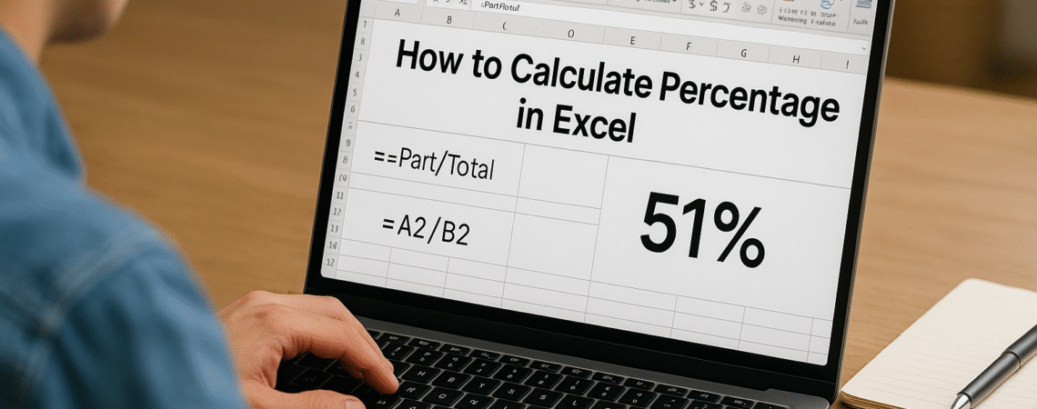 Person calculating percentage in Excel on laptop, showing spreadsheet formulas and percentage value – 1200×628 hyper realistic blog banner