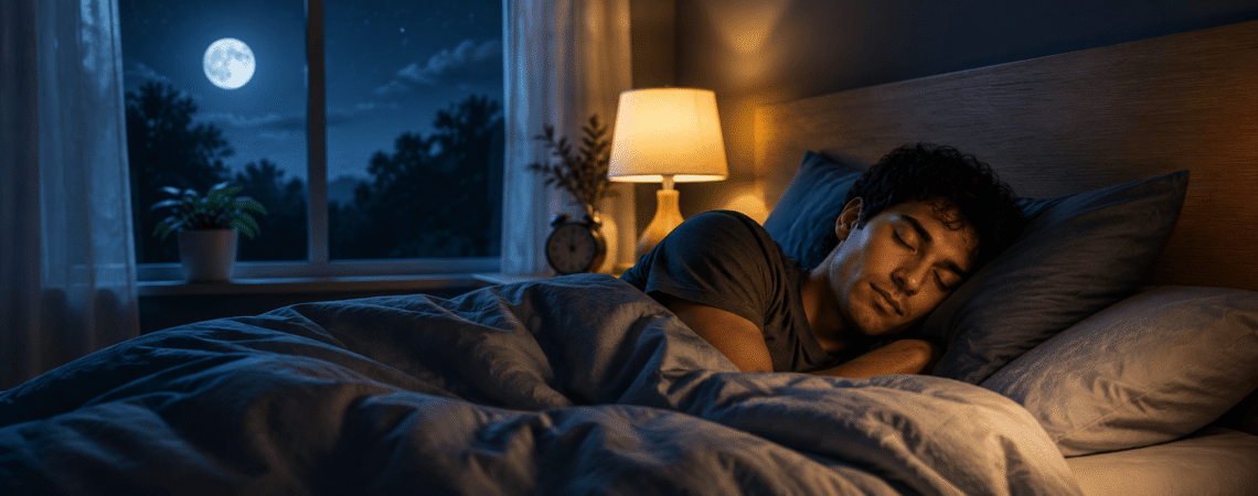 Sleep Calculator A peaceful bedroom at night with soft warm lamp light, a person sleeping comfortably under blankets, moonlight through window, calm and cozy atmosphere, photorealistic style