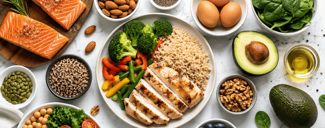 A flat lay of whole foods — grilled chicken breast, eggs, avocado, brown rice, vegetables, and nuts Macro Calculator